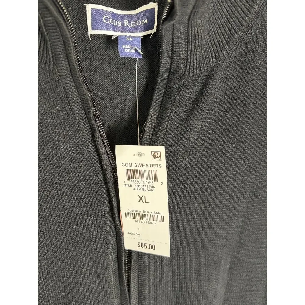 Club Room Black Full Zip Cotton Cardigan Sweater Size XL NWT